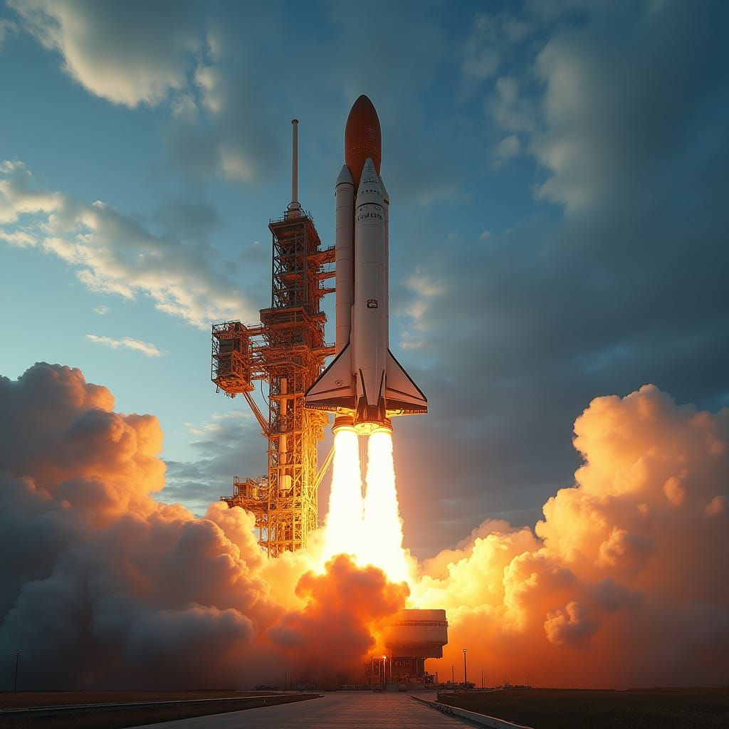 Giant Retro-Futuristic Saturn V Rocket on Launchpad