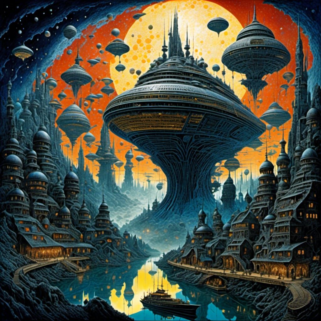 Futuristic Cityscape with Starships in Detailed Style