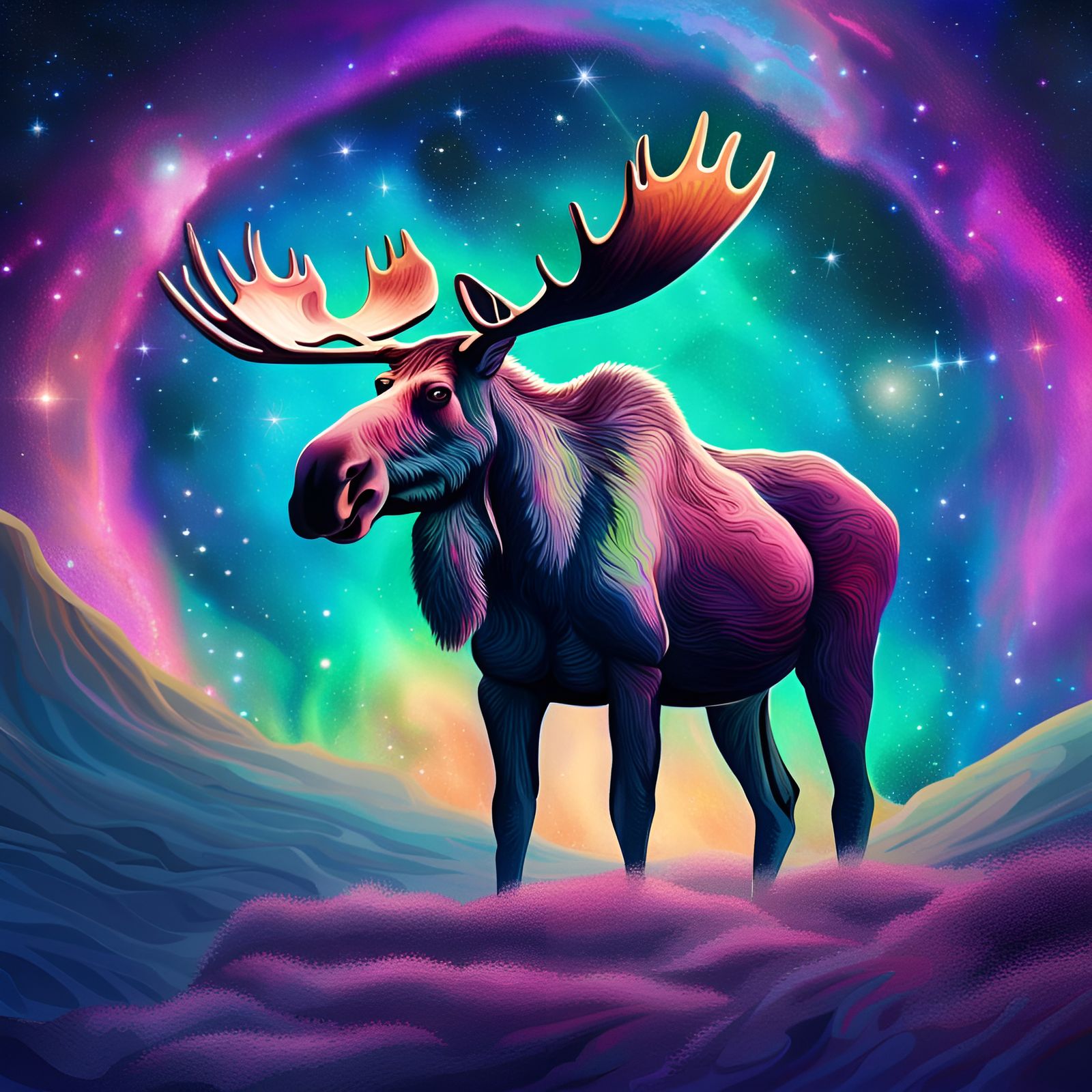 Astral Moose Among Space Nebula and Aurora