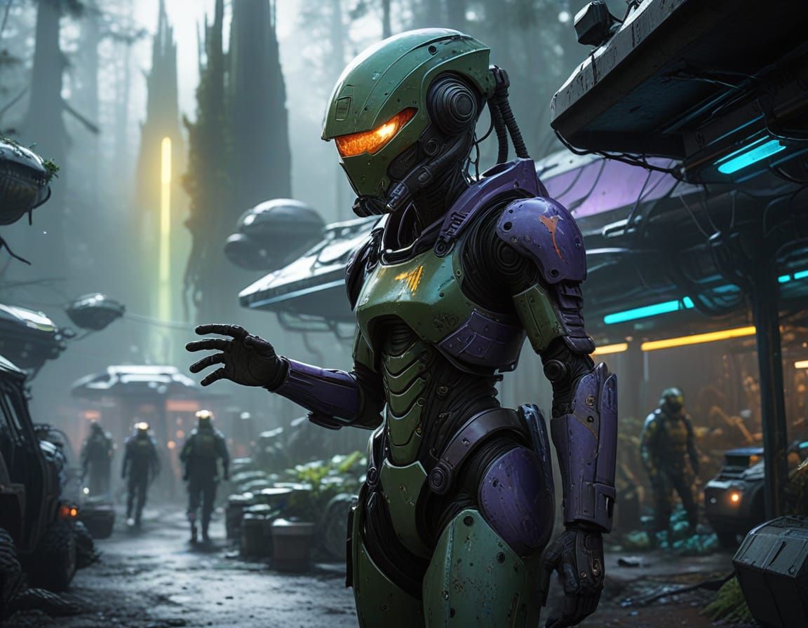 Futuristic Space Marine in Alien Forest, Sci-Fi Scene