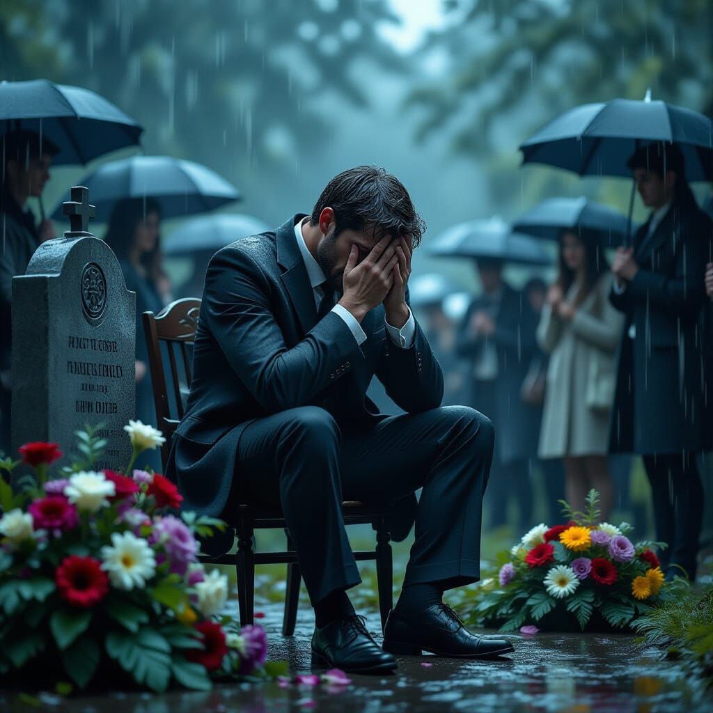 Sodden Man Mourns at Grave: Dark Fantasy Art