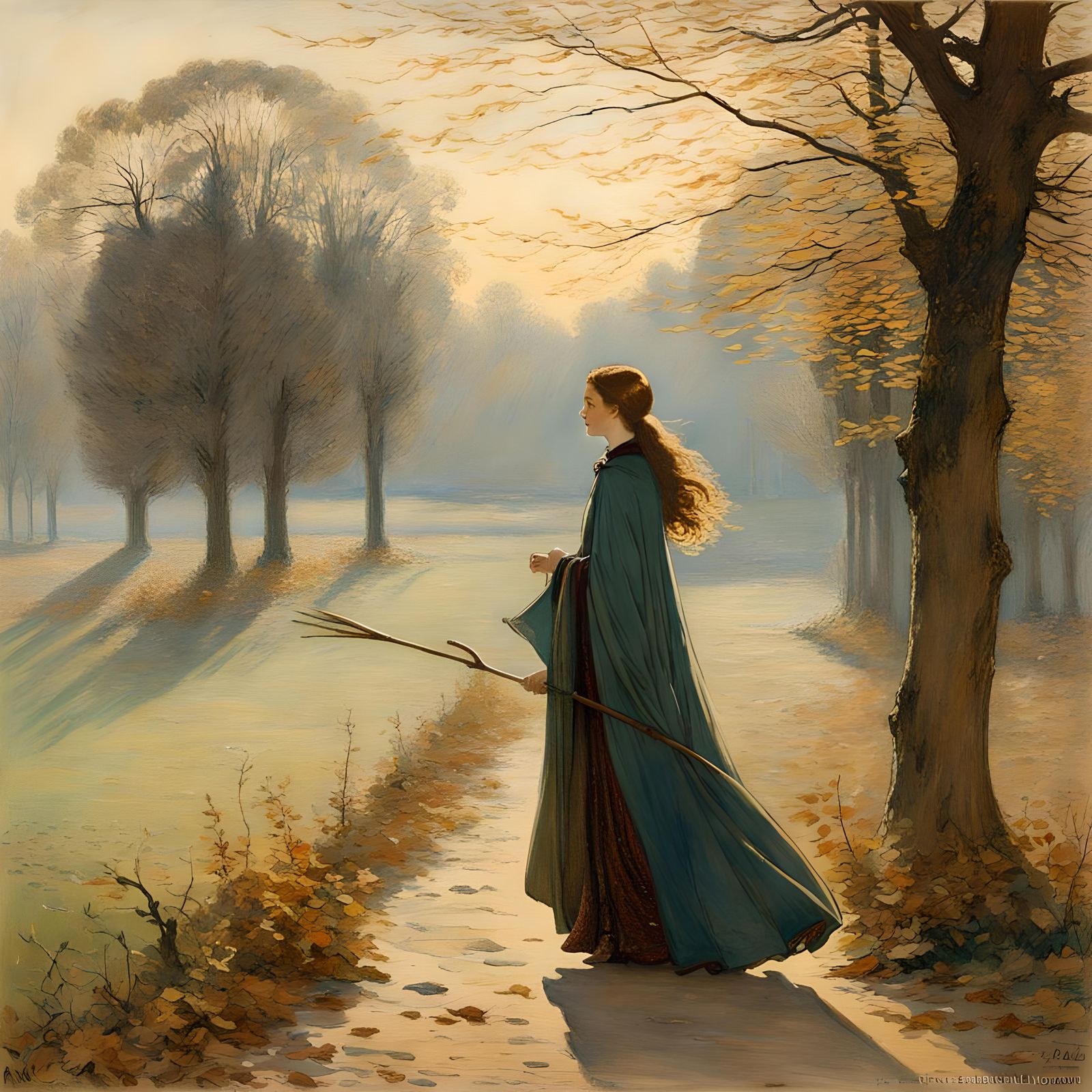 Woman Walking in Winter Landscape, Watercolour Style