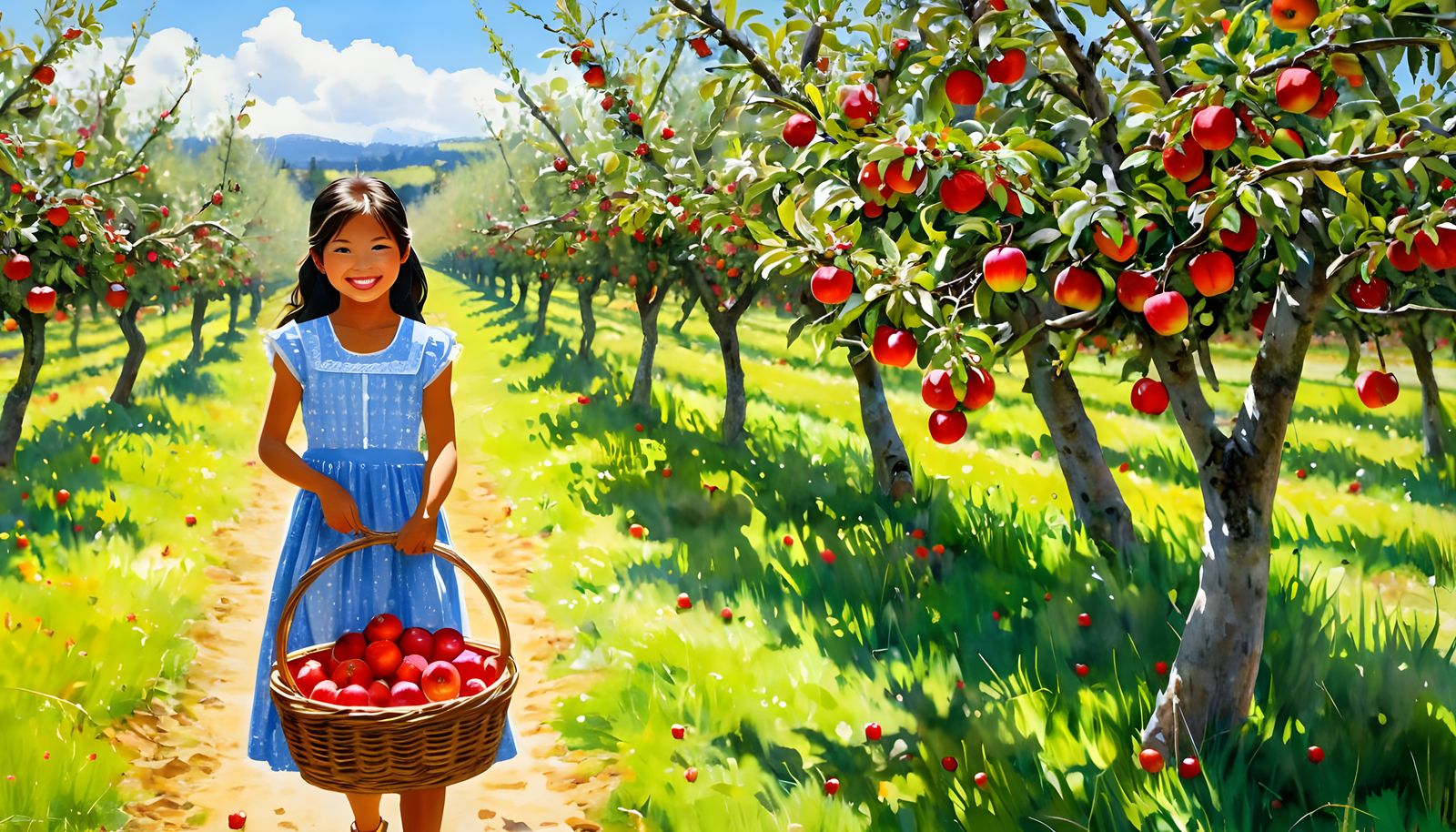 Joyful Orchard Scene in Watercolor Abstract Art