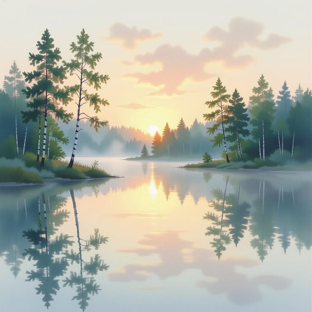 Pastel Dawn Over Misty Lake, Watercolor Style