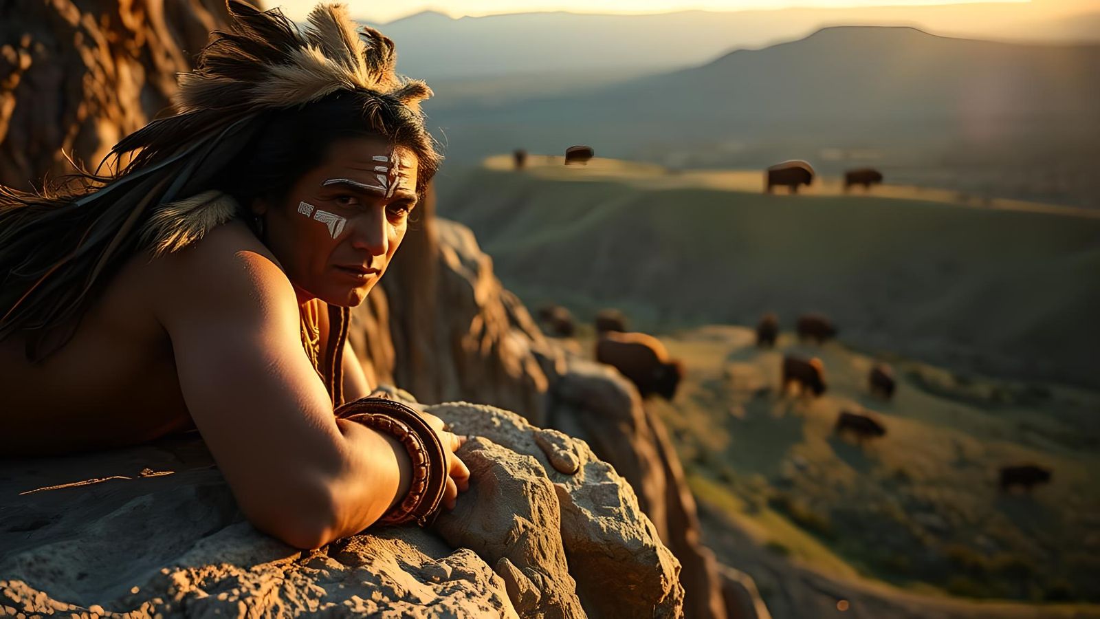 Cheyenne Man Watches Bison Herd at Dawn