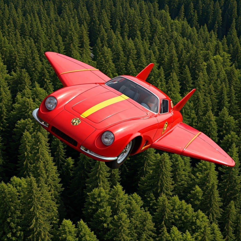 Supercar Flies Over Forest: Hyper-Realistic 64k Detail