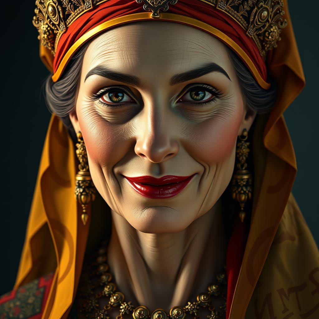 Regal Woman with Timeless Wisdom in a Vibrant Cubist Realm