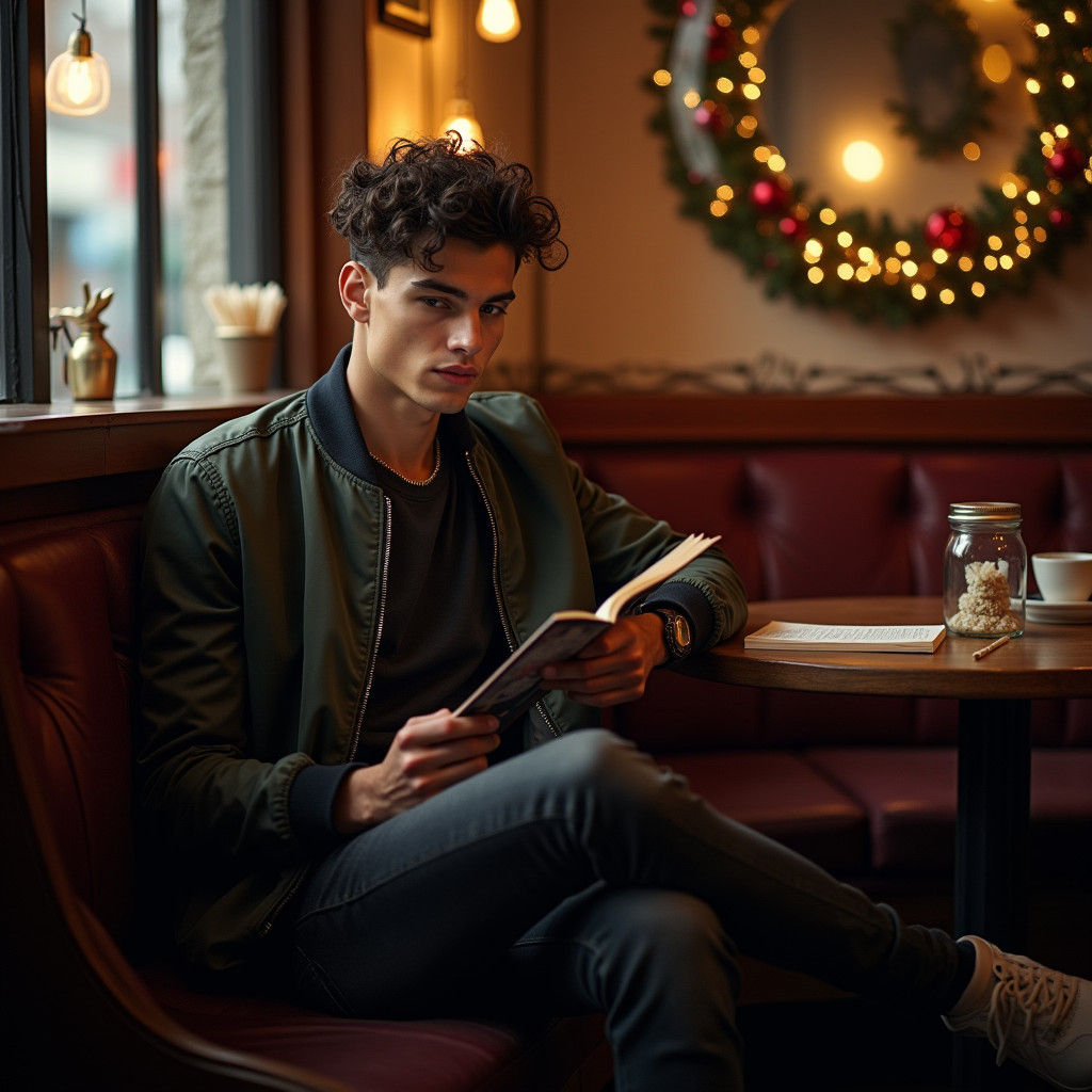 Trendy British Man in Cosy Christmas Cafe