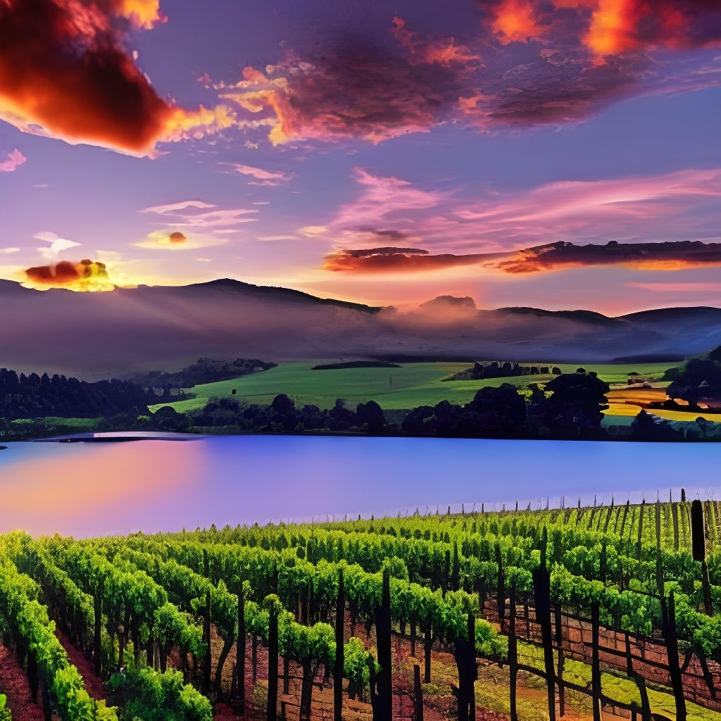 Sunset Vineyard Landscape with Lion in HDR