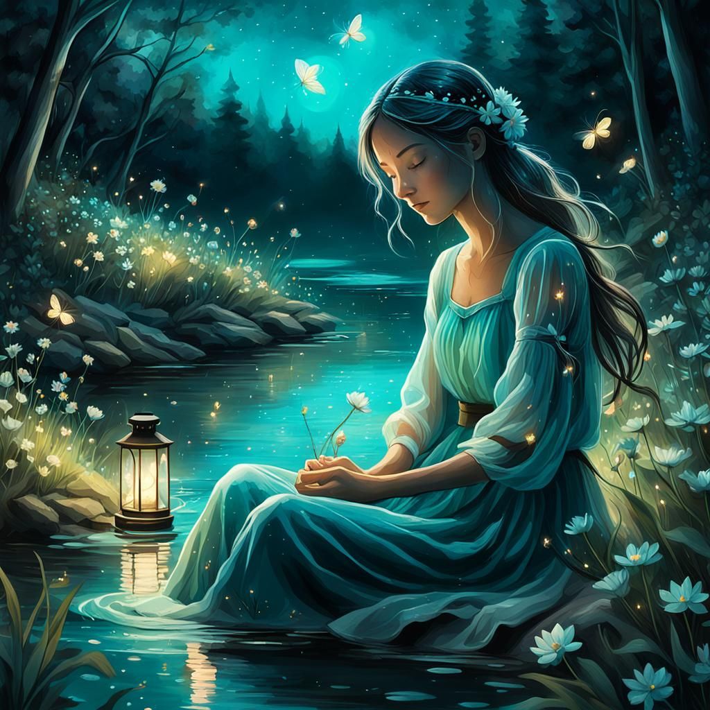 Moonlit Girl in Fantasy Forest with Fireflies