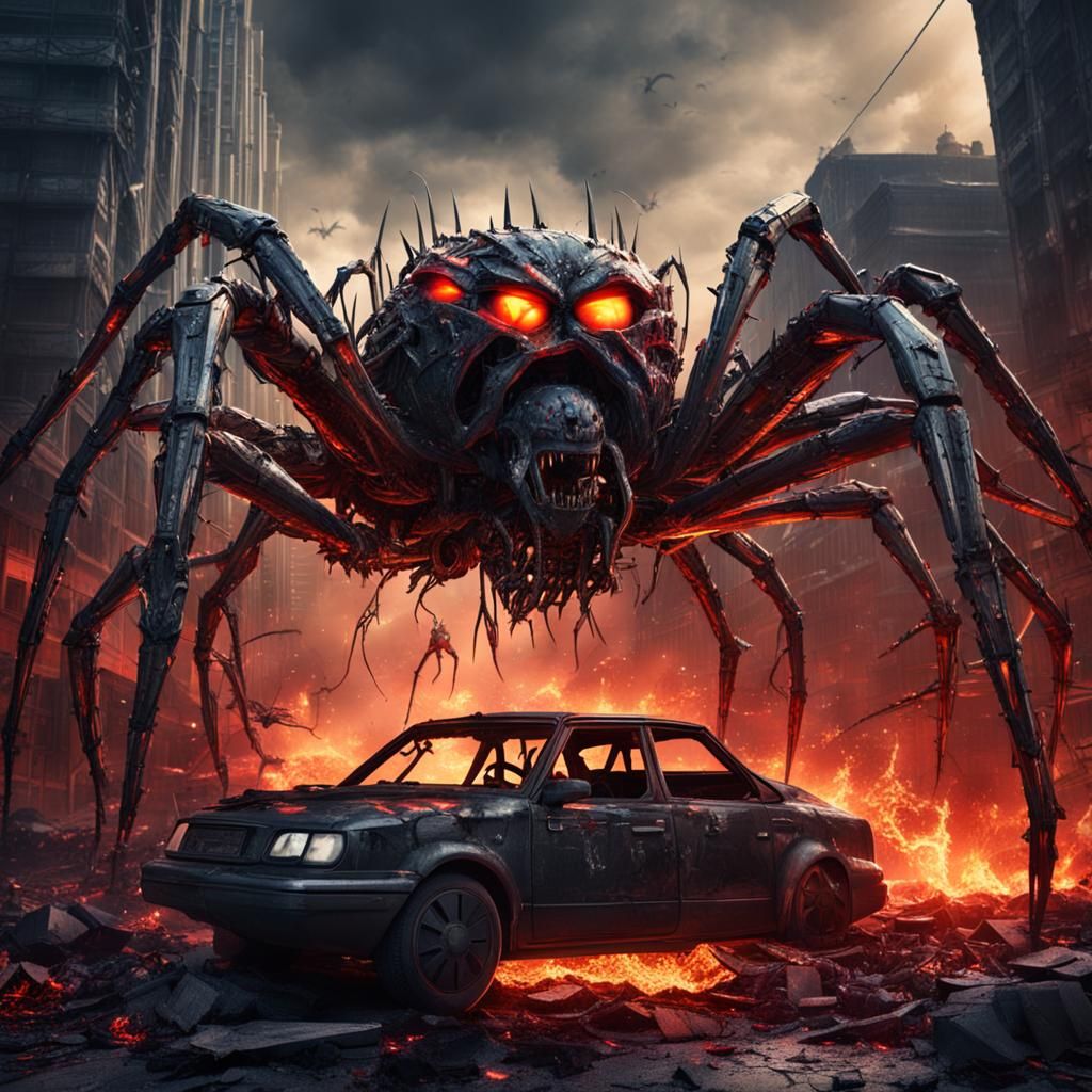 Metallic Hydraulic Spider Devouring City in Horror Scene