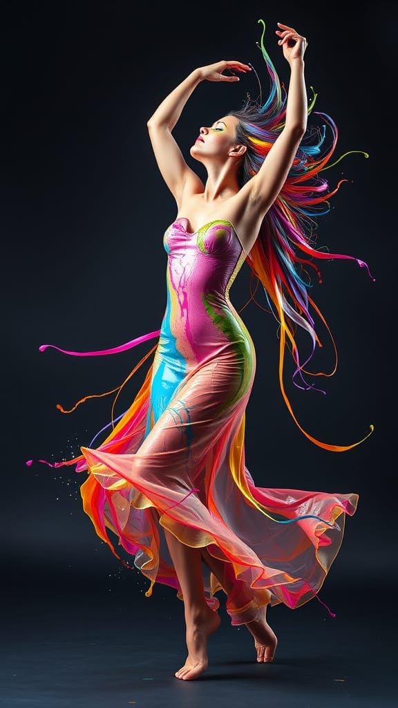 Vibrant Surreal Portrait of a Woman in Colorful Paint Splash...