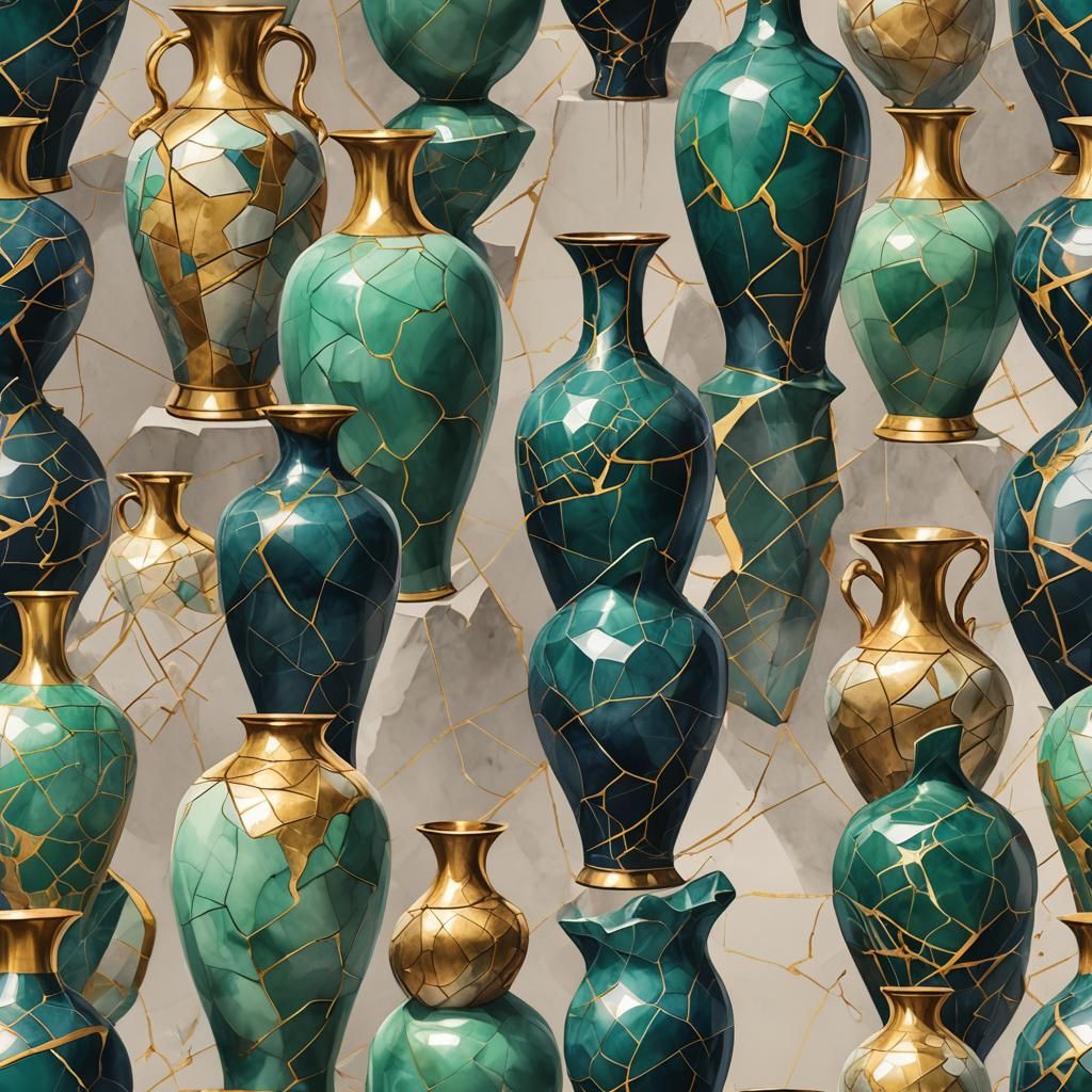 Kintsugi Jade Vases in Watercolor Style