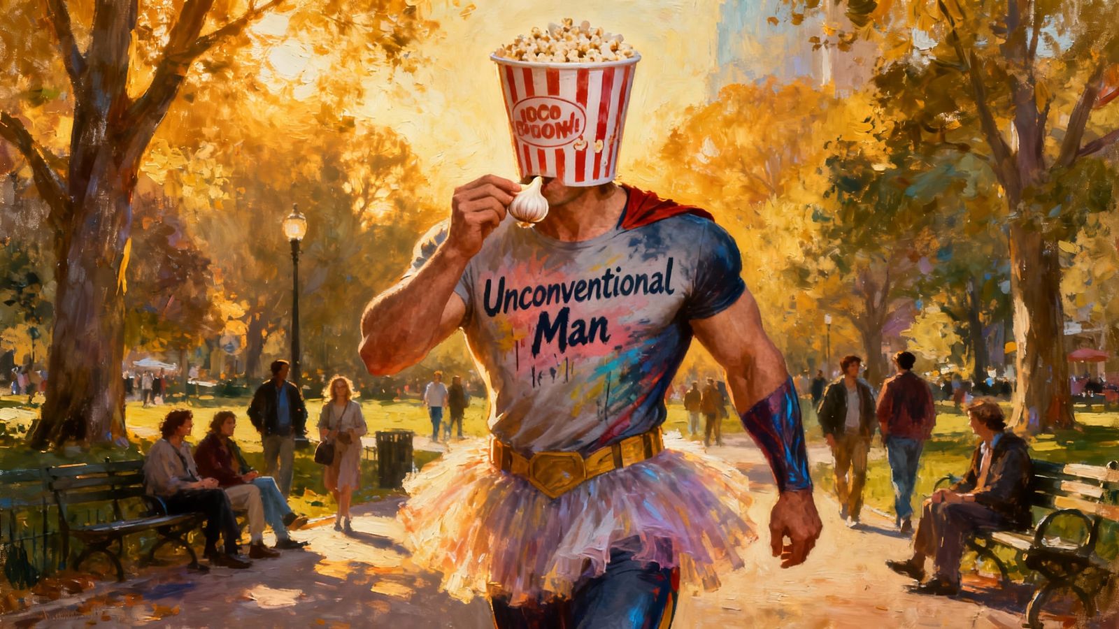 Unconventional Man in Popcorn Bucket Helmet Eats Garlic