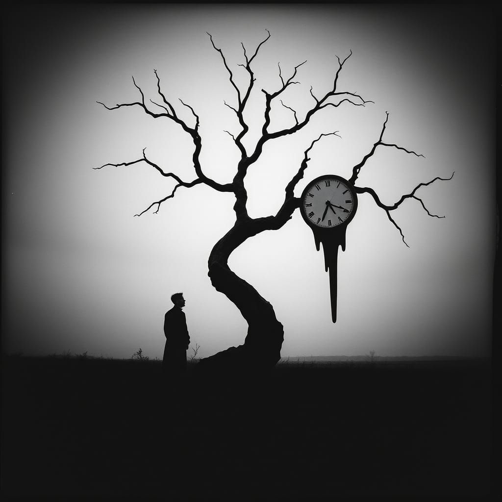 Surreal Black and White Dreamscape with Melting Clock