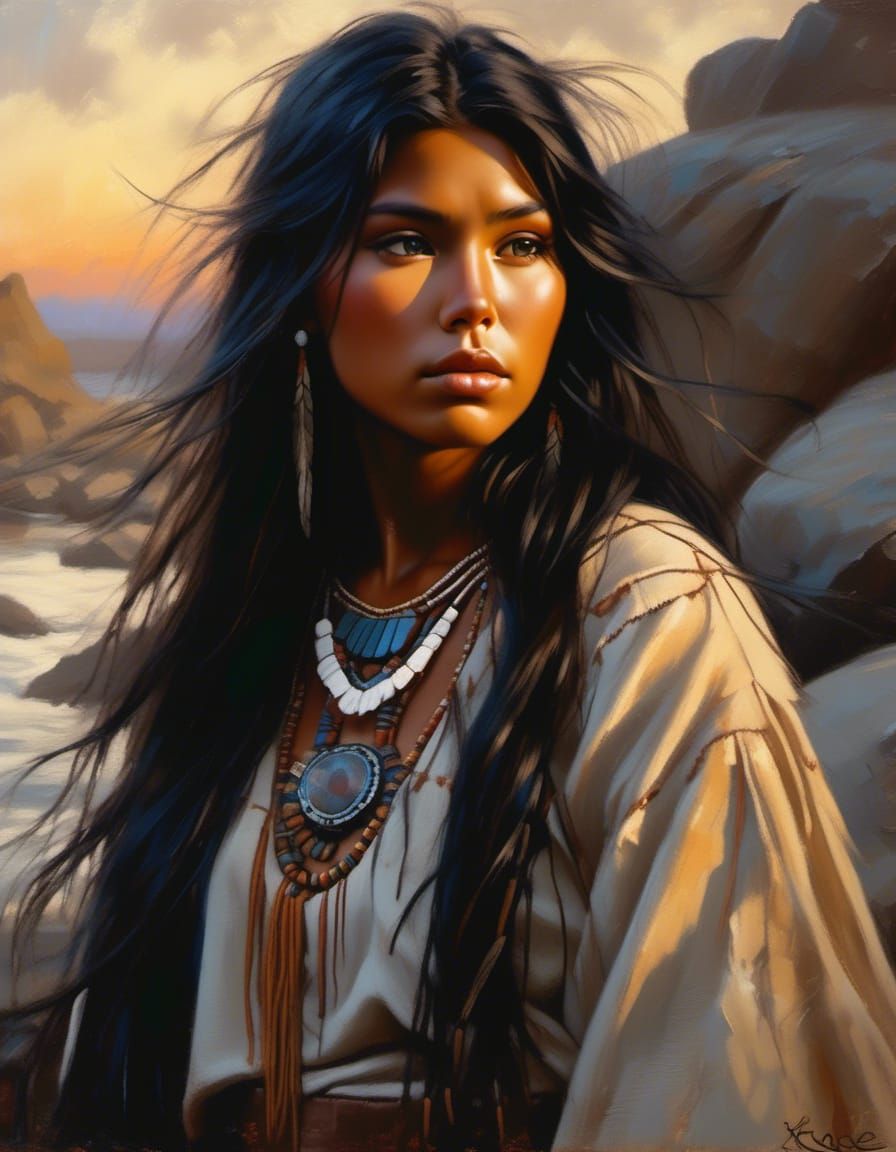 Native American Woman at Sunrise, Watercolor Style