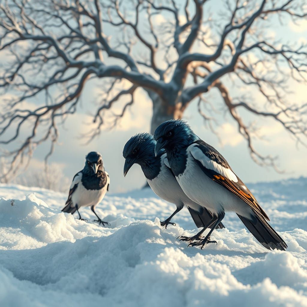 Majestic Magpies in Winter Wonderland Scene