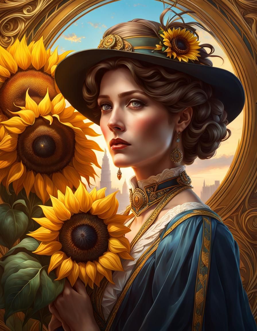 Edwardian Woman Portrait with Sunflowers, Hyperrealistic Art