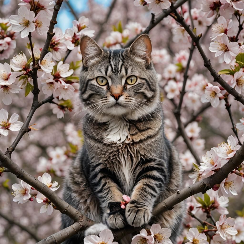 Grey Striped Cat in Cherry Tree