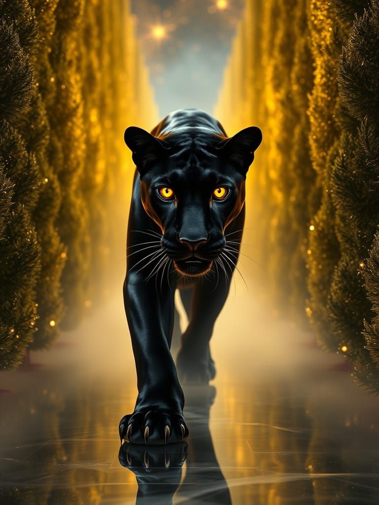 Neon Panther in Psychedelic Cyberpunk Forest