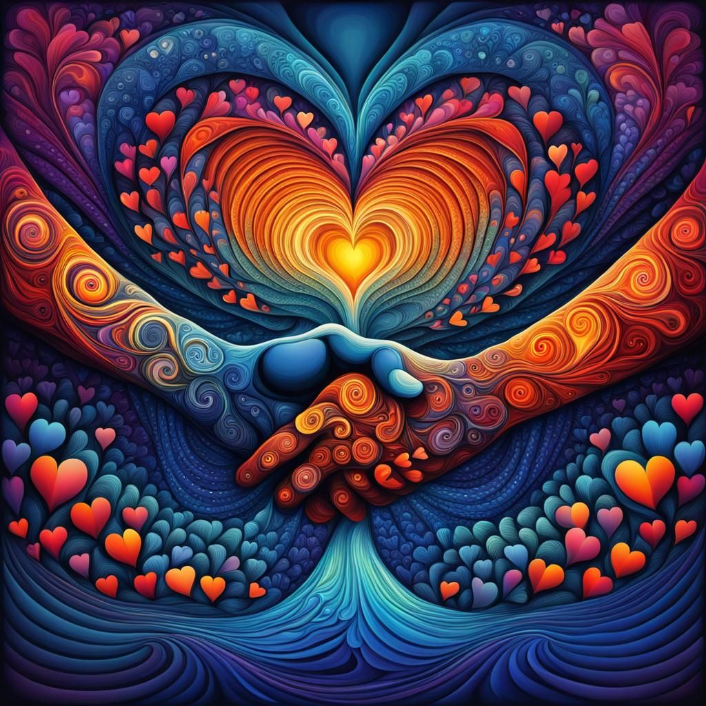 Lovers Holding Hands with Hearts, Vivid Colors