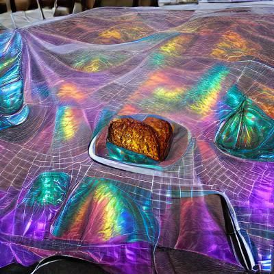 Holographic Pumpkin Bread on Rainbow Tablecloth