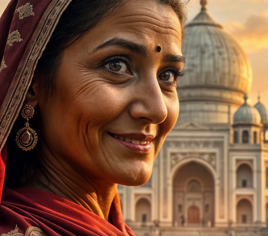 Indian Matriarch's Smile with Taj Mahal Backdrop