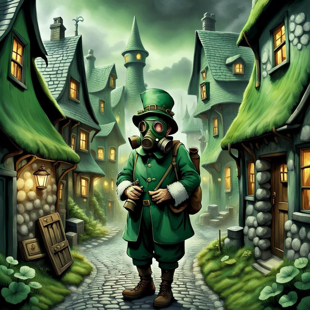 Leprechaun in Gas Mask: Surreal Village Scene