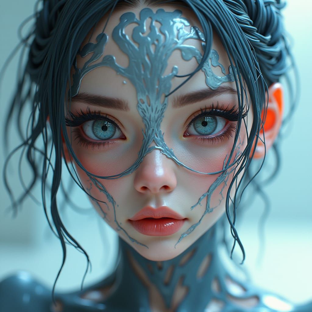 Metallic Woman with Liquid Nets, 3D Anime Art