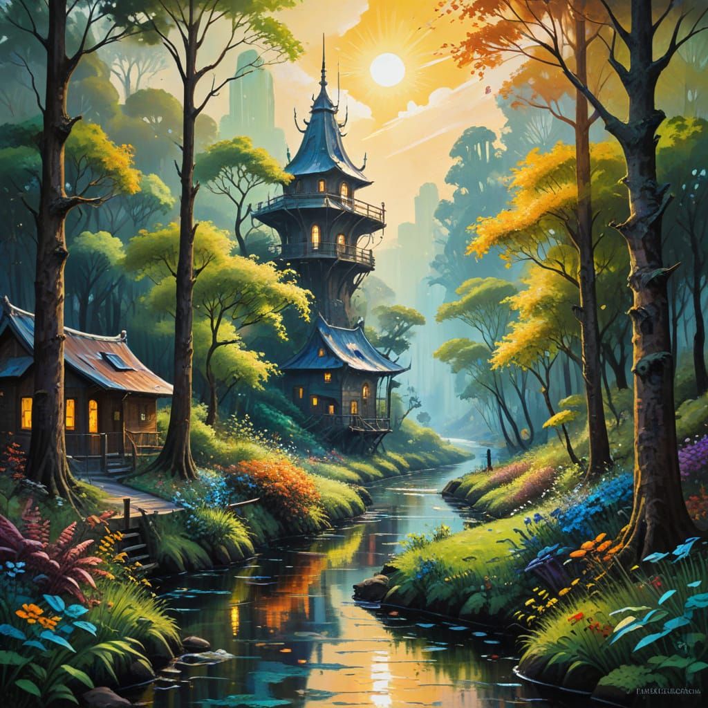 Vibrant Solarpunk Oasis in Gouache and Watercolor