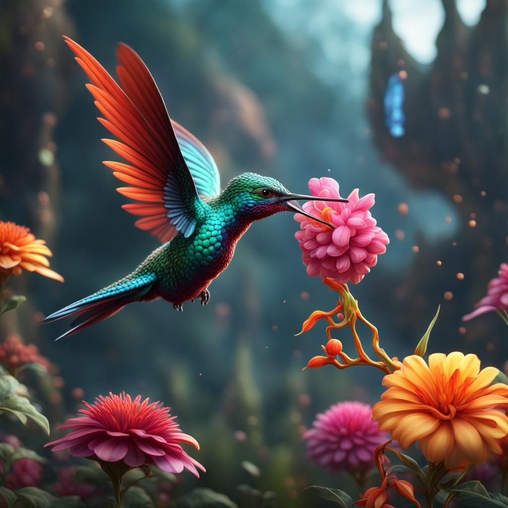 Hummingbird Dragon Eating Flower in Fantasy Art