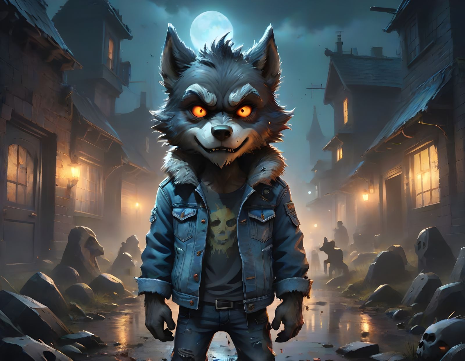 Chibi Wolfman in Dark Graveyard Landscape
