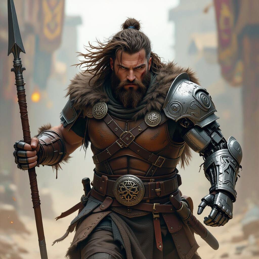 Celtic Knight with Cybernetic Arm, Hyperrealistic Portrait