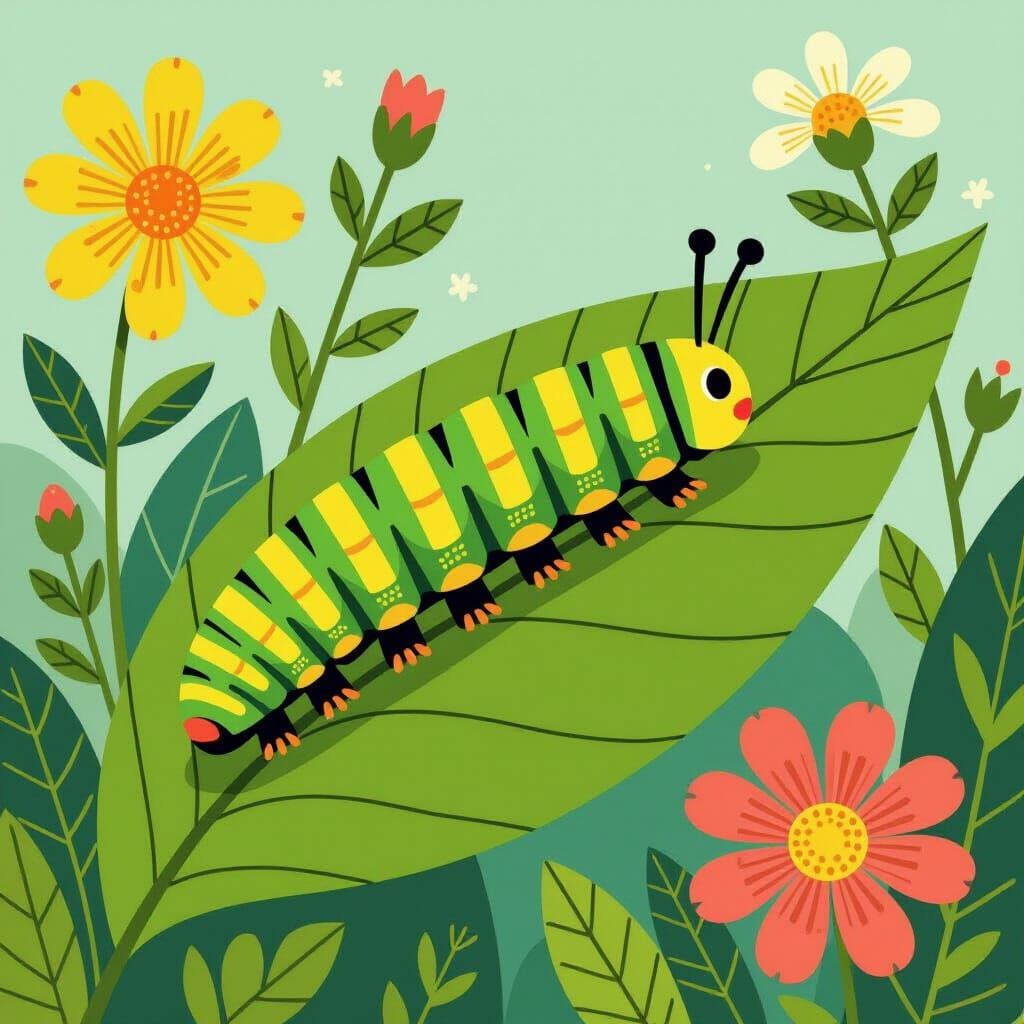 Vibrant Caterpillar Crawling in a Geometric Garden