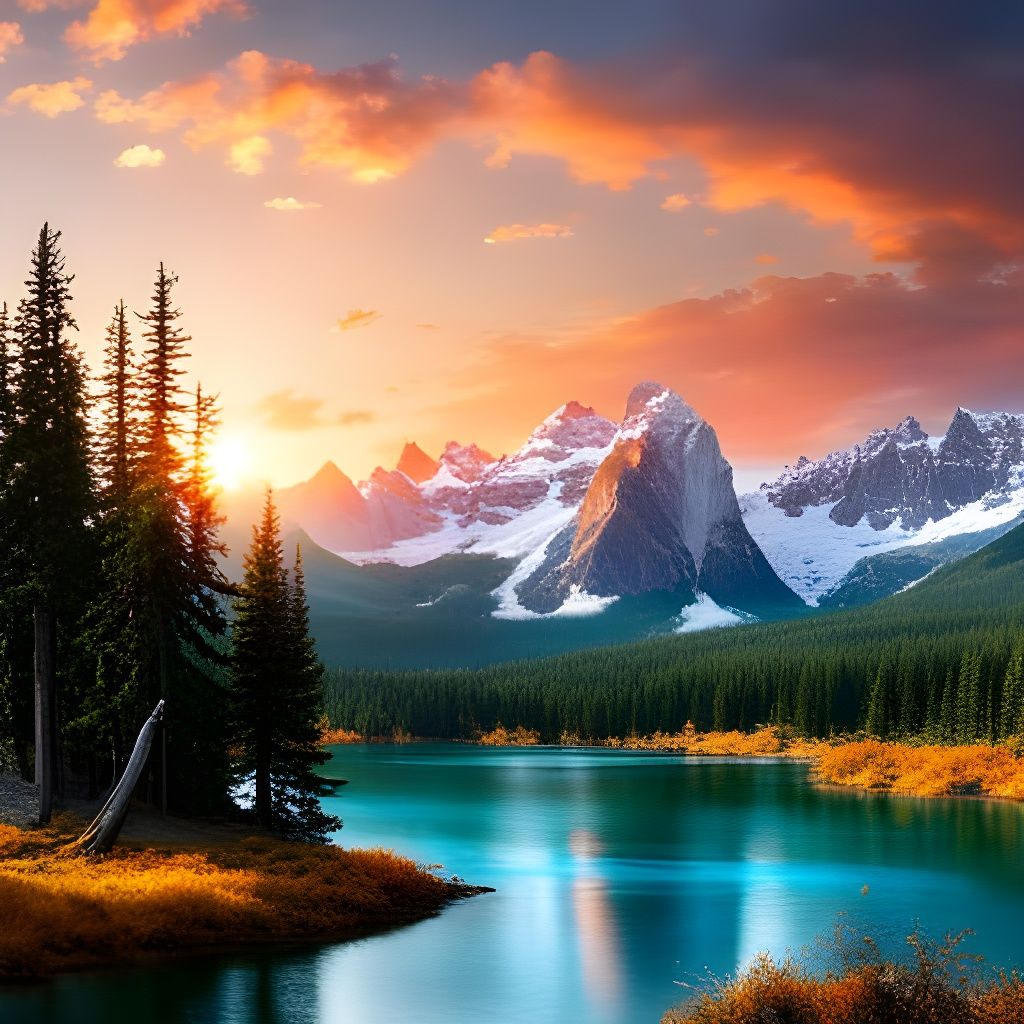 Snowy Peaks and Autumn Valley: Mixed Media Illustration