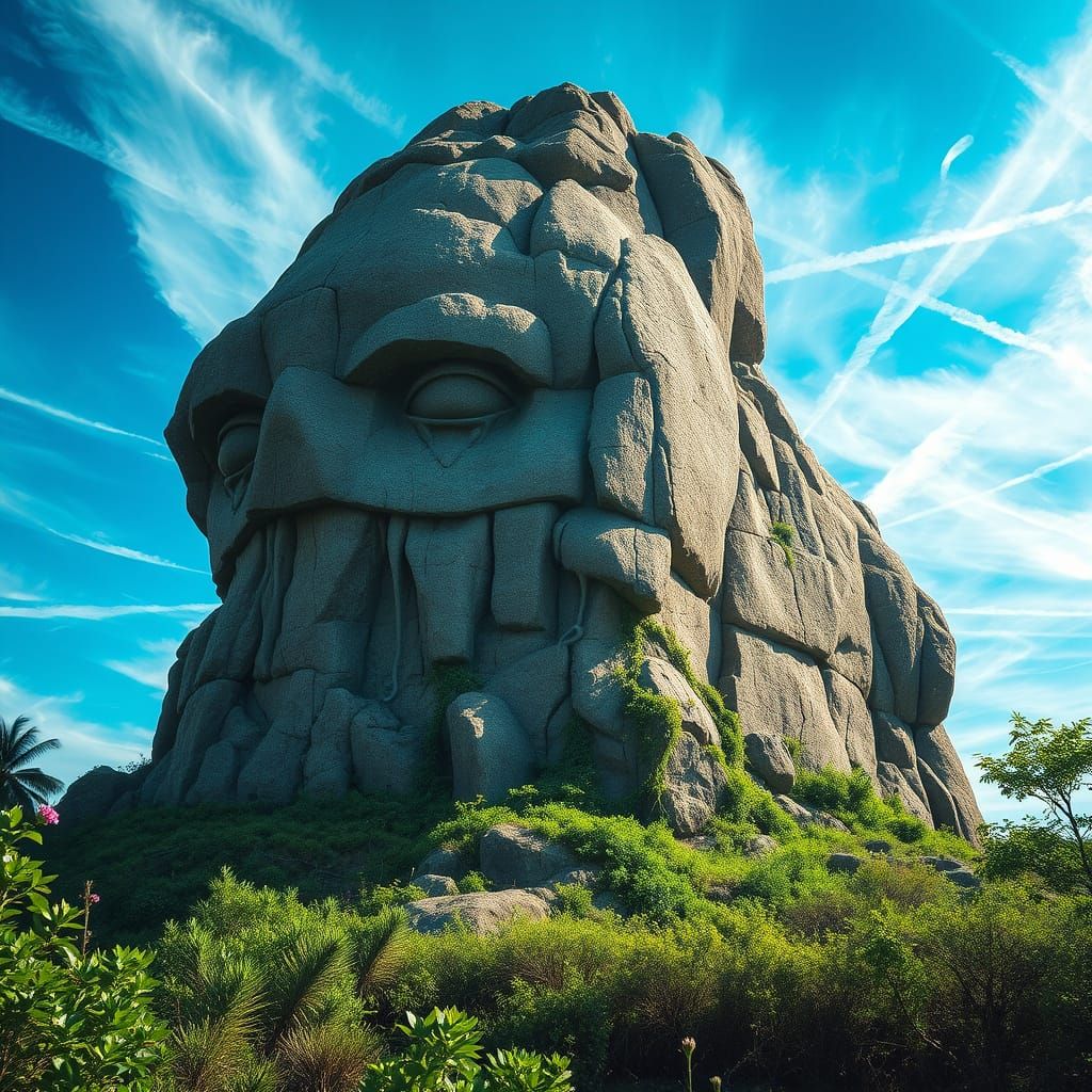 Surreal Rock Formation Dominates Lush Landscape with Radiant...