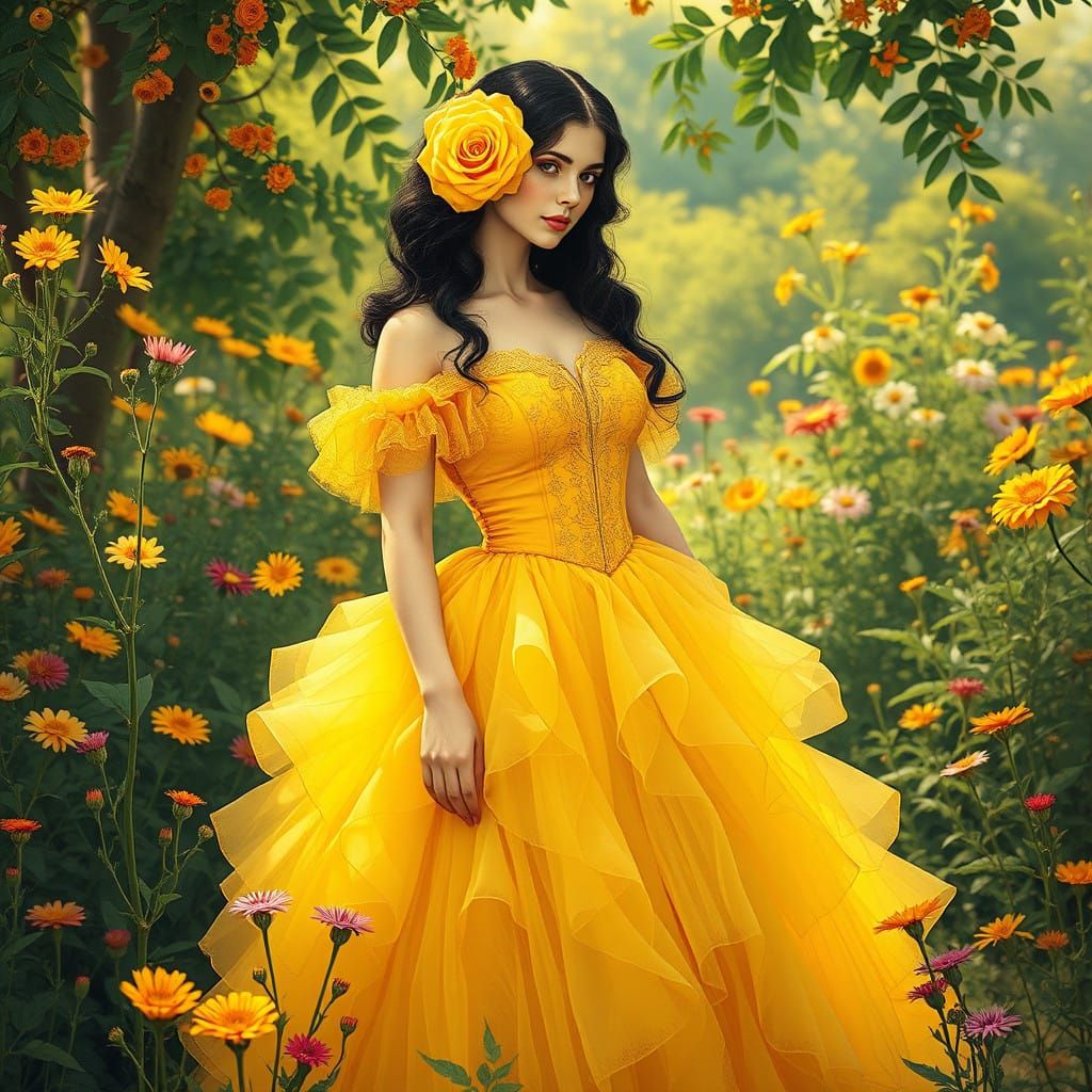 Regal Woman in Art Nouveau-Inspired Yellow Garden Scene