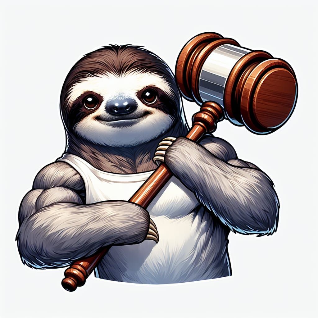 Epic Sloth Judge with Hammer in Photorealistic Manga Style