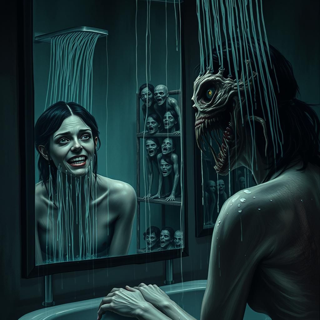 Terrified Woman and Eldritch Horror in Shower Reflection