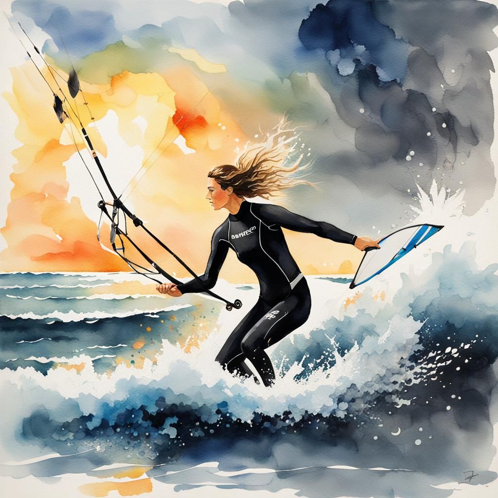 Woman Kite Surfer in Watercolor Against Sunlit Horizon