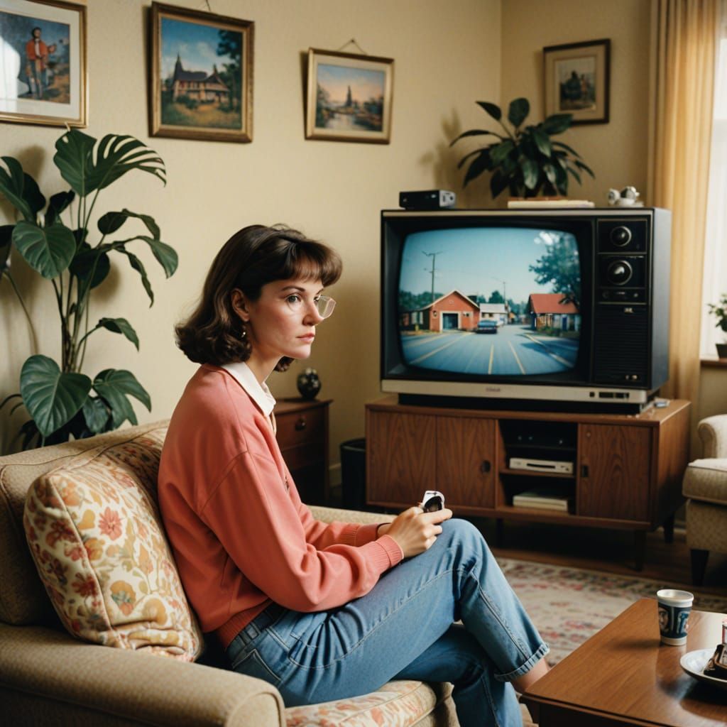 Young Woman Watches TV in Retro 80s Living Room