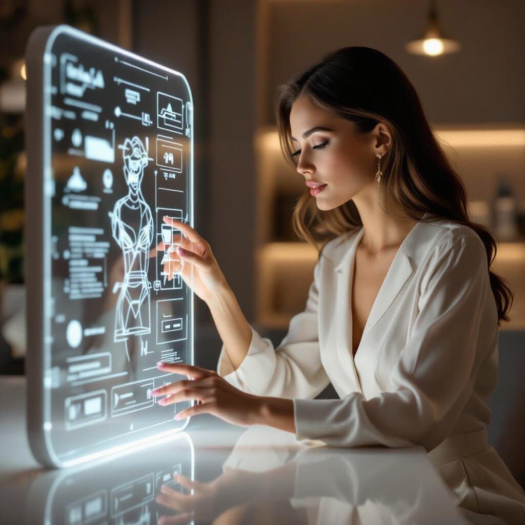 Elegant Woman Interacting with Frosted Digital Interface