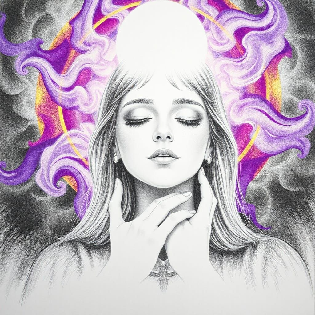 Pencil Drawing of Girl's Spiritual Awakening with Light Patt...