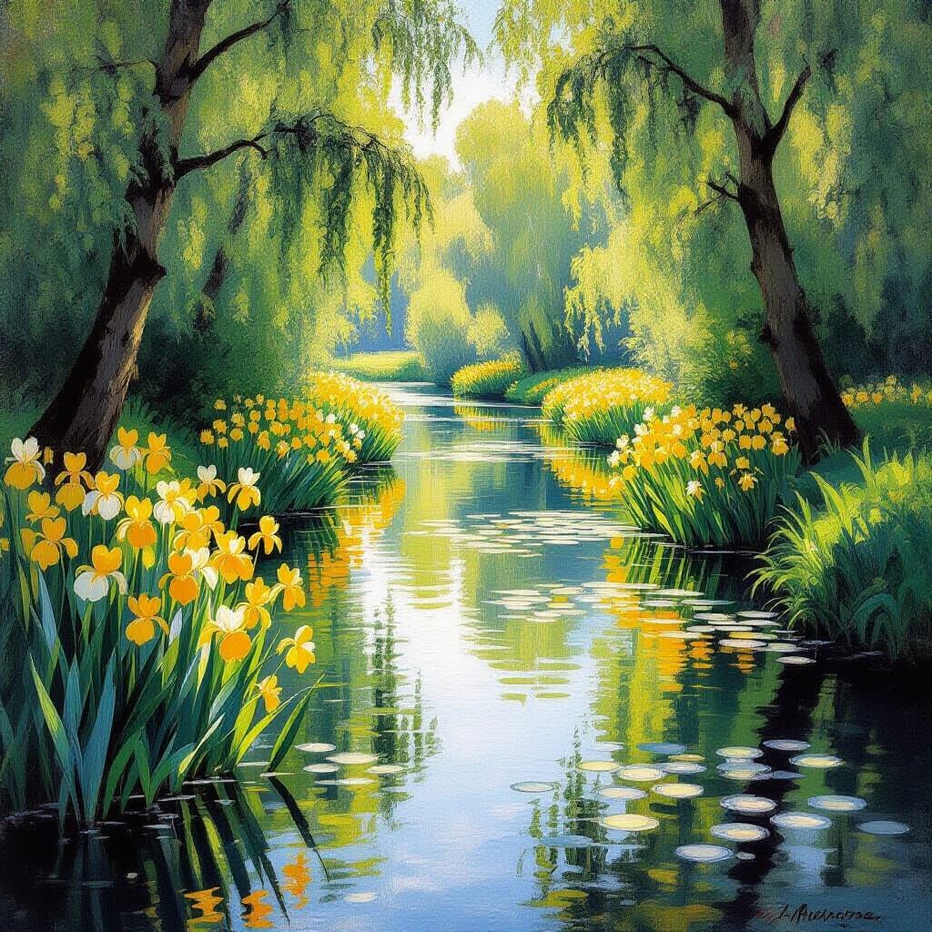 Yellow Iris Flowers by a River in Soft Sunlight