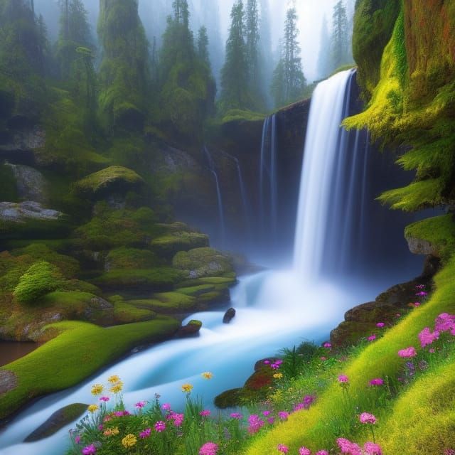 Lush Mountain Forest River in Romantic Style