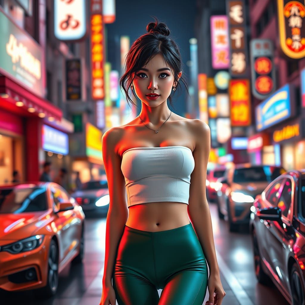 Elegant City Goddess in Neon Dreamscape