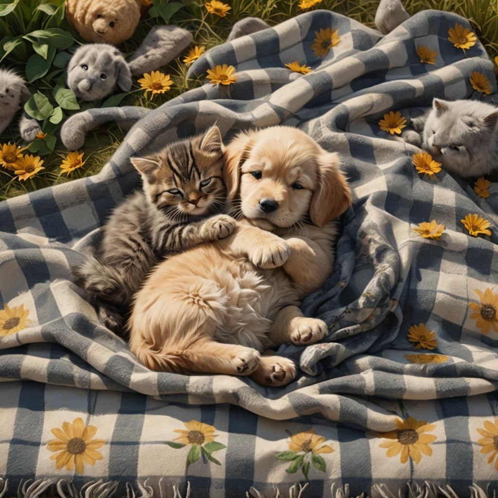 Puppy and Kitten Nap in Nature, Detailed Art