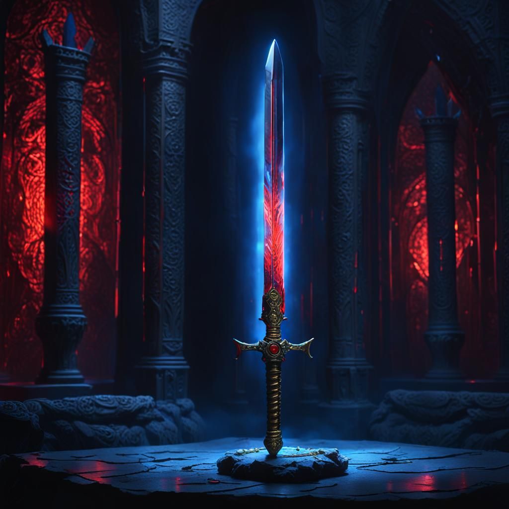 Glowing Red Sword in Mystical Chamber