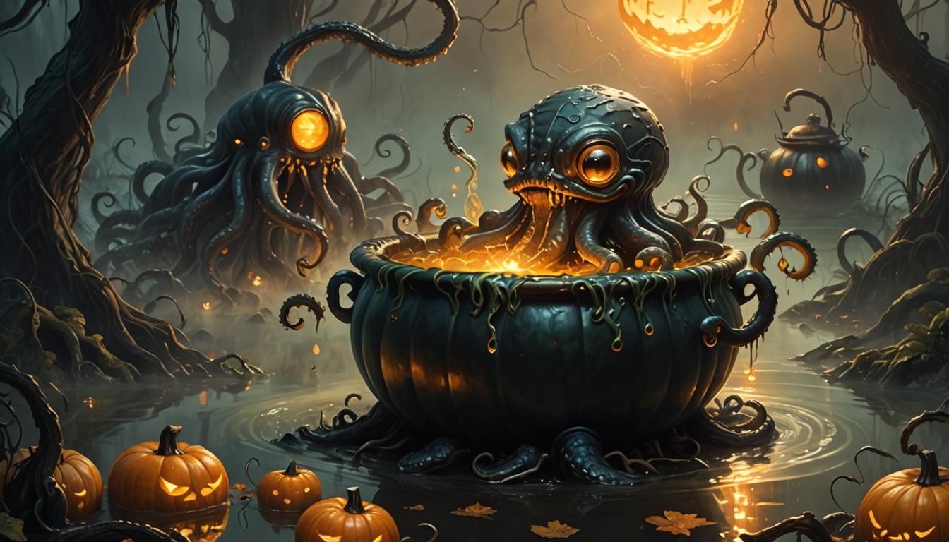 Baby Kraken Emerges from Glowing Pumpkin Cauldron