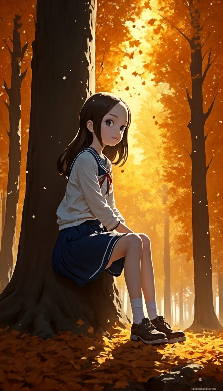 Autumn Picnic Scene with Cute Girl in Maple Forest